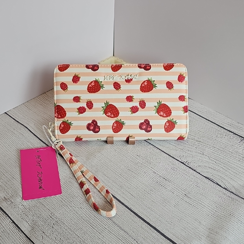 NWT Betsey Johnson Red Berries Striped Wallet/Wristlet/Clutch